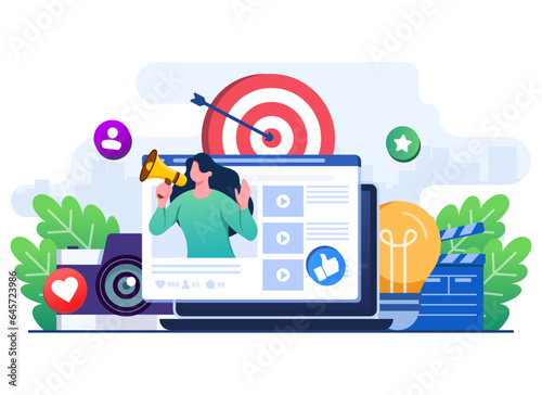 Video marketing flat illustration, social media campaign, e-commerce, influencer marketing, blogger, promotion, Digital marketing concept for ui, web design, landing page, web banner, mobile app
