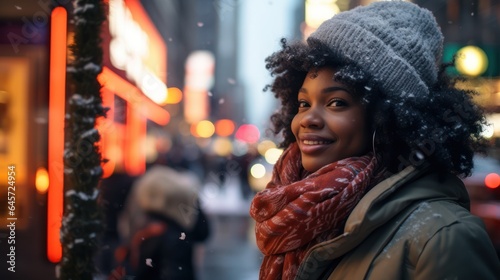 beautiful black woman in big city at christmas, snowing in city, female with afro hair, bokeh background, generative ai