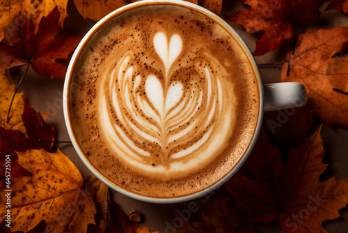 Top view of easonal pumpkin spice latte in cup with latte art surrounded by autumn leaves photo