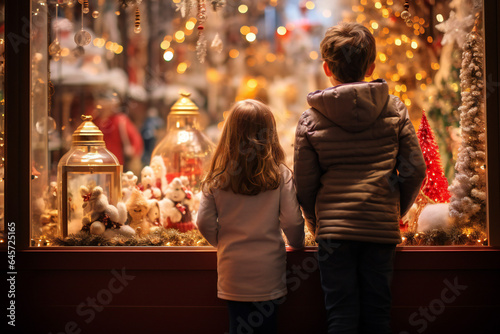Two Children looking in Shopping Window during winter, Christmas Time