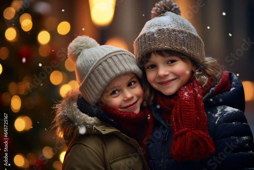 Two Children in front of blurred Christmas background