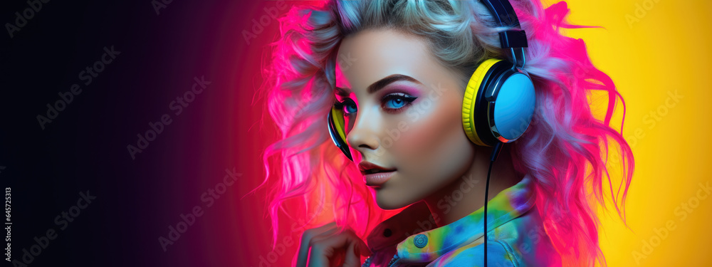 Fototapeta premium Young woman in neon lights wearing headphones listening to her favorite music.