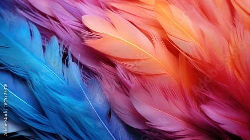 Texture background with feather surface of bright different colors in soft diffused light. Macro background of feathers  close-up. 