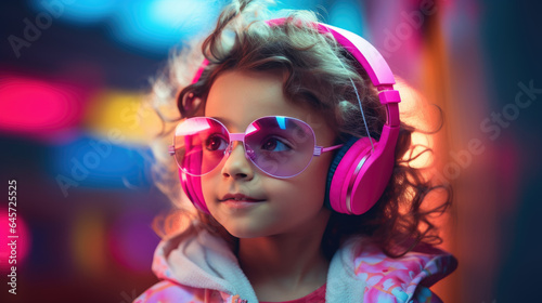 Little girl in neon lights wearing headphones and listening to her favorite music.