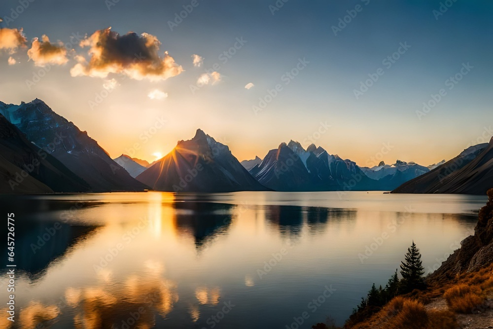 Majestic sunset of the mountains landscape. Wonderful Nature landscape during sunset. Beautiful colored trees over the Federa lake, glowing in sunlight. wonderful picturesque scene 