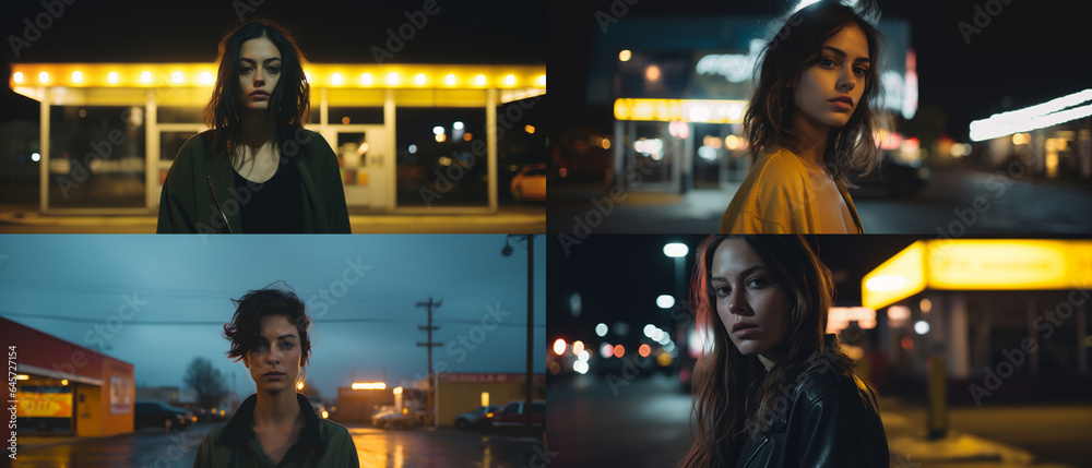 Retrato cinematográfico, Hermosa Mujer Rebelde parada frente a una gasolinera iluminada en amarillo por la noche, iluminación oscura. IA Generativa - obrazy, fototapety, plakaty 