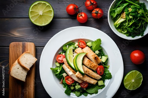 On a wooden background, a healthy salad dish is shown in top view with quinoa, tomatoes, chicken, avocado, lime, mixed greens, lettuce, and parsley. food and wellbeing
