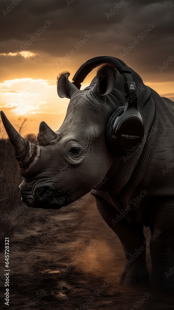 Fototapeta premium Rhinoceros Enjoying the Sunset with Headphones. Generative AI