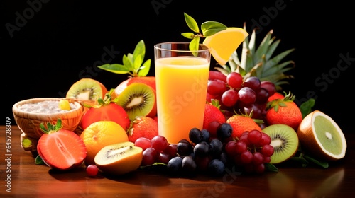 a table with fruit and orange juice on it