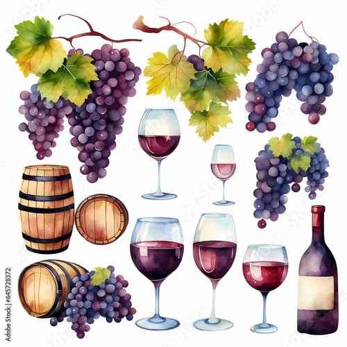 Winemaking, barrel, grapes, bottle.