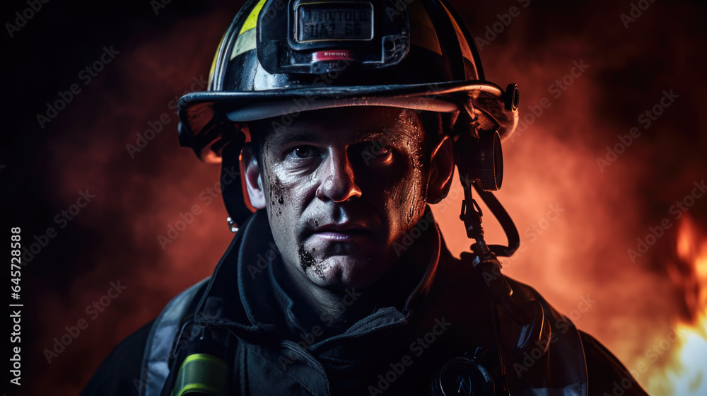Portrait of a male firefighter in equipment against the background of a fire Portrait of a male firefighter in equipment against the background of a fire