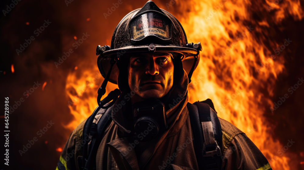 Portrait of a male firefighter in equipment against the background of a fire Portrait of a male firefighter in equipment against the background of a fire