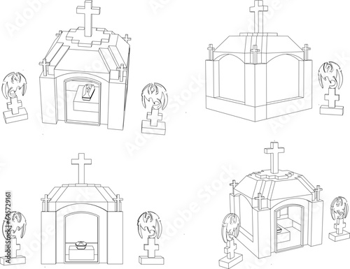 Detailed vector sketch of a scary horror public cemetery with coffins