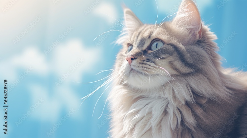 fluffy long haired cat with blue sky background and copy space for text