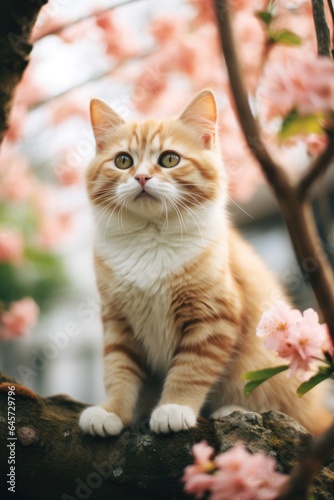 cute cat sitting on a blossom tree branch