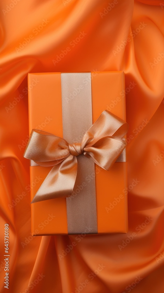 a gift wrapped present with ribbon and bow, orange a gift wrapped present with ribbon and bow, orange