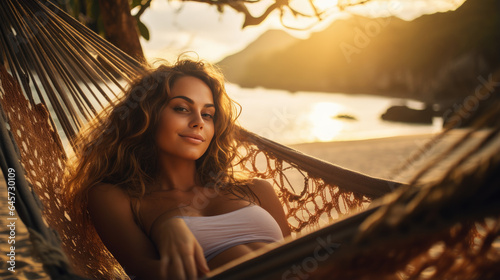 Happy woman lies in a hammock against a backdrop of palm trees and the sea during a vacation