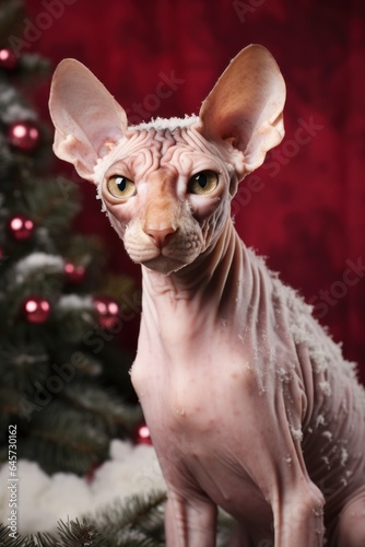 sphinx cat, bald, with christmas tree, festive snowy theme with a red background 