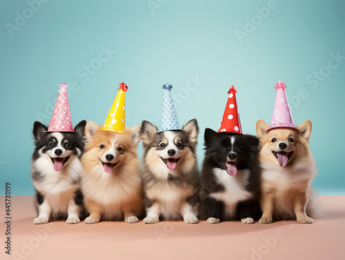 Cute funny dogs in festive party hats isolated on blue and orange background. Greetings card pattern