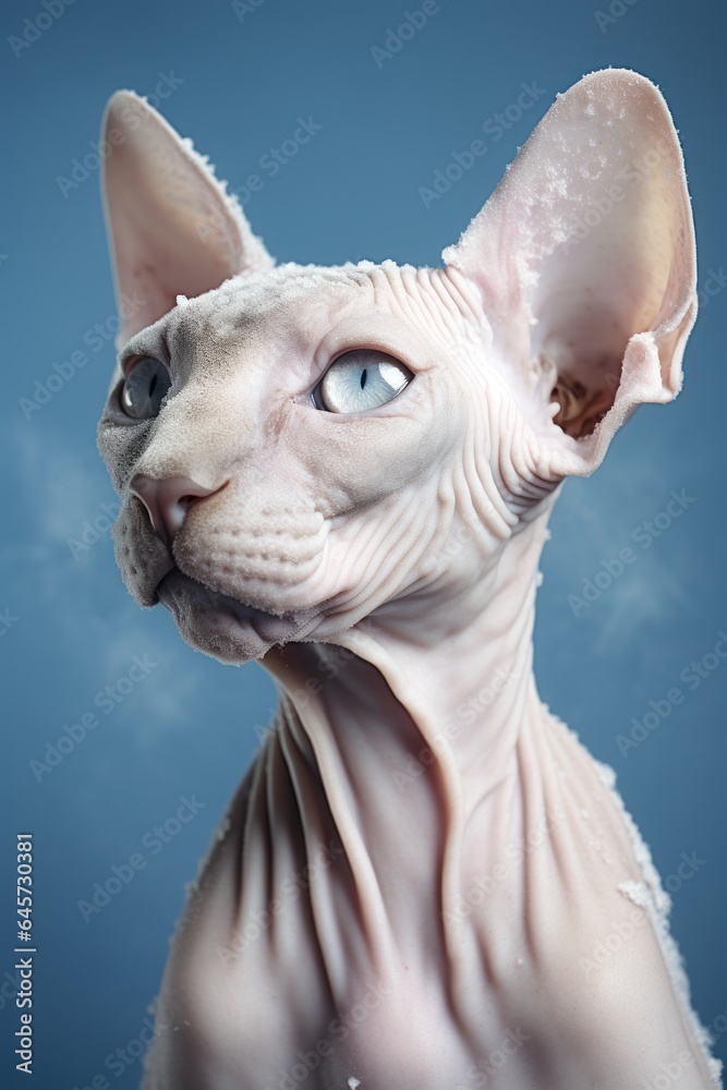 bald sphynx cat with light skin against blue background