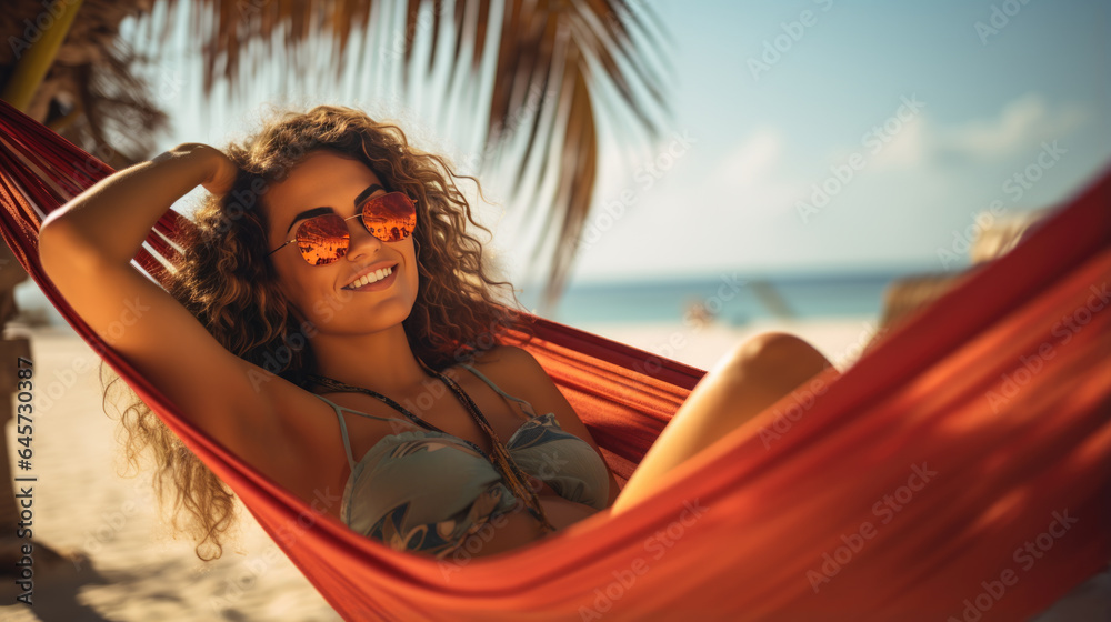 Fototapeta premium Happy woman lies in a hammock against a backdrop of palm trees and the sea during a vacation