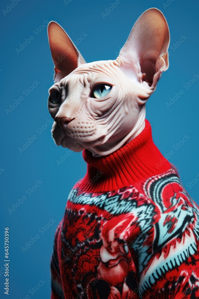 sphynx cat wearing ugly christmas sweater in red on blue background