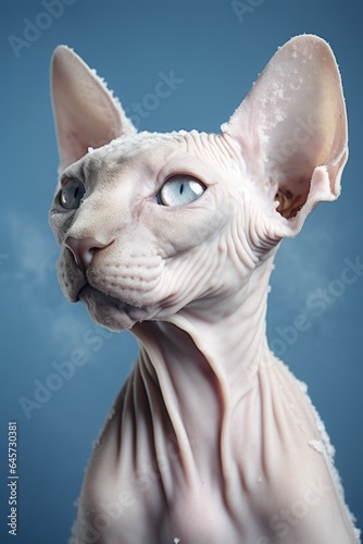 bald sphynx cat with light skin against blue background © Jewel