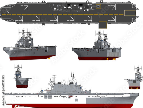 Detailed vector sketch of an aircraft carrier battle vehicle full of war weapons