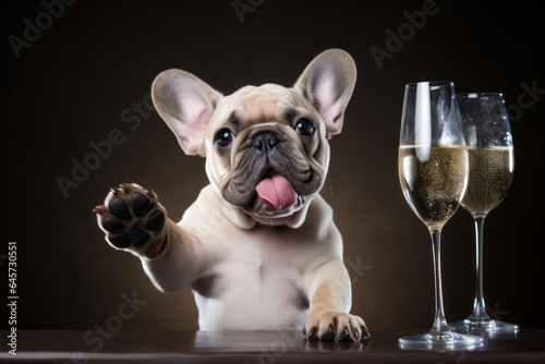  bulldog sitting with glass of champagne or wine. Celebrating, festive concept © zamuruev