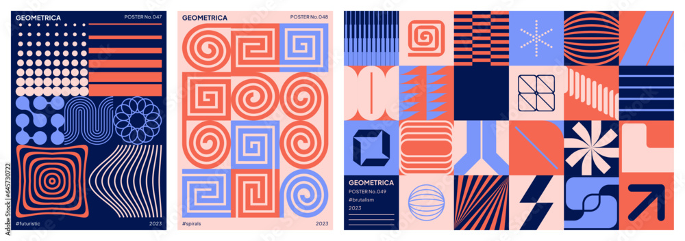 Abstract modern designs with geometric patterns, shapes and symbols. Set of brutalist backgrounds for poster, cover, banner, print and landing page.