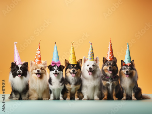 Cute funny dogs in festive party hats isolated on blue and orange background. Greetings card pattern