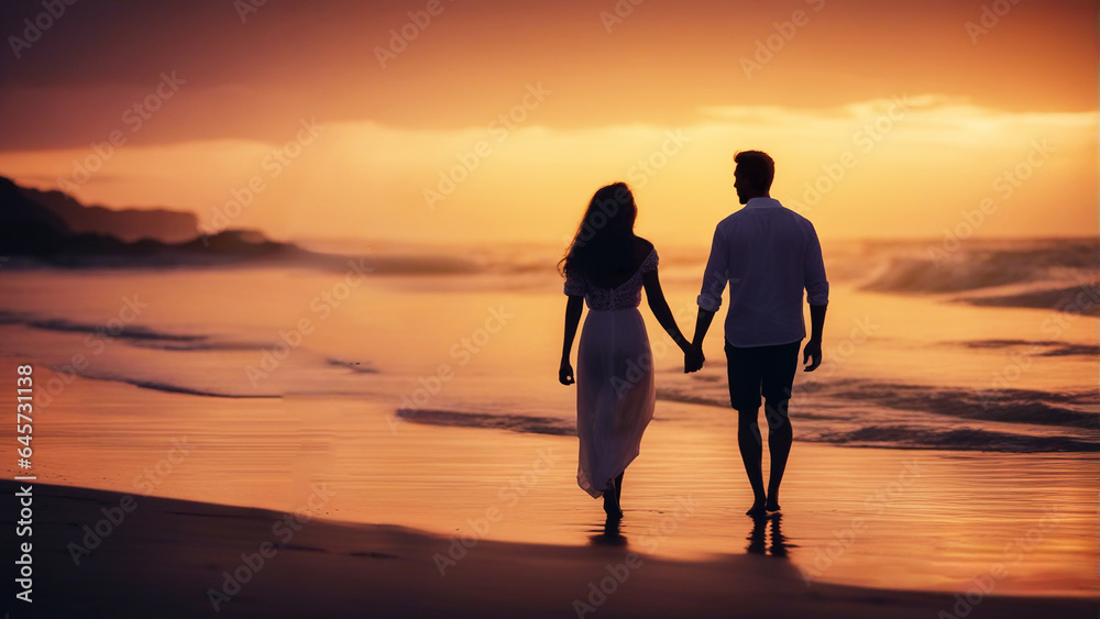 A man and a woman on vacation walking on the beach at sunset holding hands.
