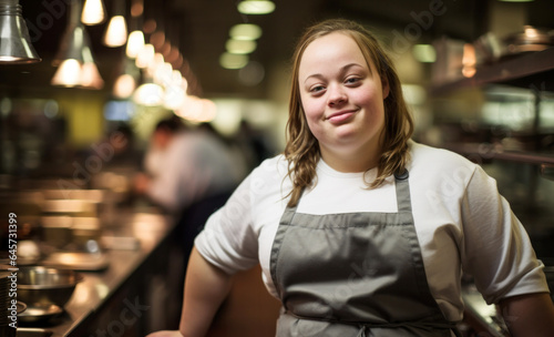 Young woman with down syndrome working in restaurant kitchen