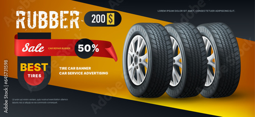 Tire car banner. Tyre change. Automotive repair. Rubber wheel ad poster design. Sale in auto service. Vehicle garage promotion. Transport workshop. Vector exact advertising background