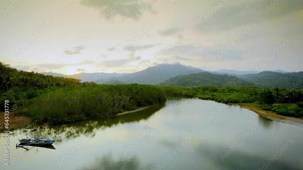 River Landscape In Golden Hour With Green Mountains In The Background, Timelapse videography River Landscape In Golden Hour With Green Mountains In The Background, Timelapse videography