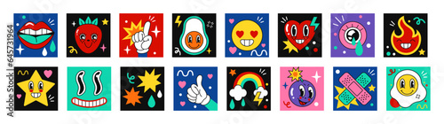 Comic characters. Fun elements, cute and happy cartoon faces, funny smiles and people. Rainbow and star sticker, crazy avocado and heart. Different emotions. Vector abstract tidy banner