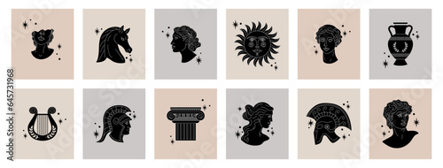 Ancient statues. Greek goddess silhouette. Broken sculpture body. David head from Greece marble for woman tattoo. Classic harp and amphora vase. Antique logo. Vector tidy cards set photo
