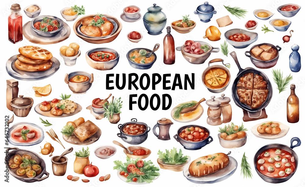 Set of European main dish and ingridients