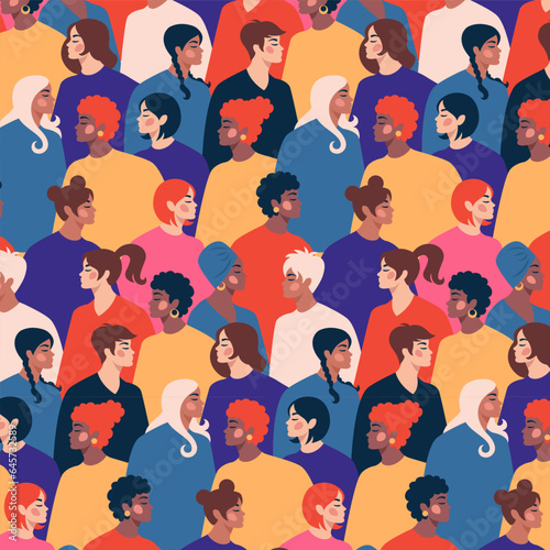 Women pattern. Woman power day, female faces, leadership and empowerment, profiles. Decor textile, wrapping paper, wallpaper design. People community. Vector seamless tidy background