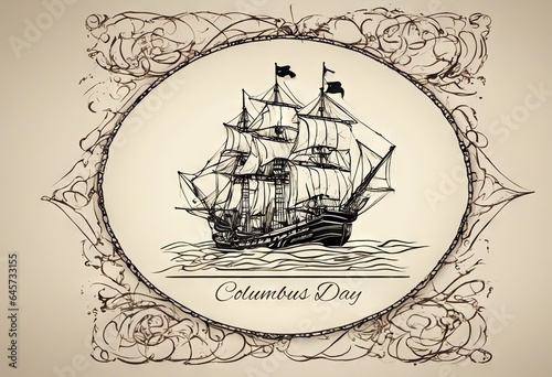 Happy Columbus Day banner with ship, illustration.