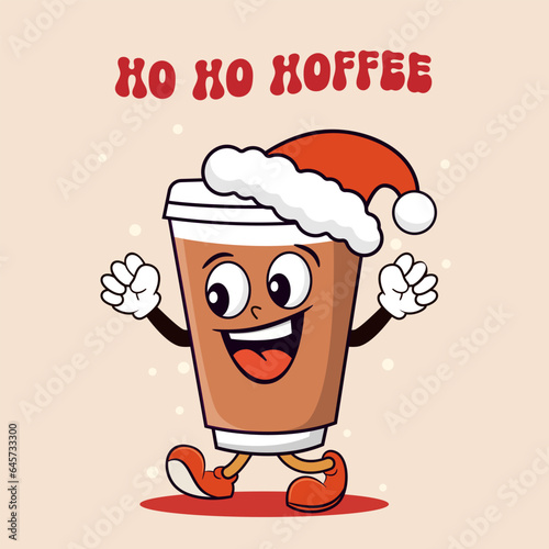 Cartoon coffee cup in santa hat with text HO HO HOFFEE, retro mascot character. Vector illustration. photo