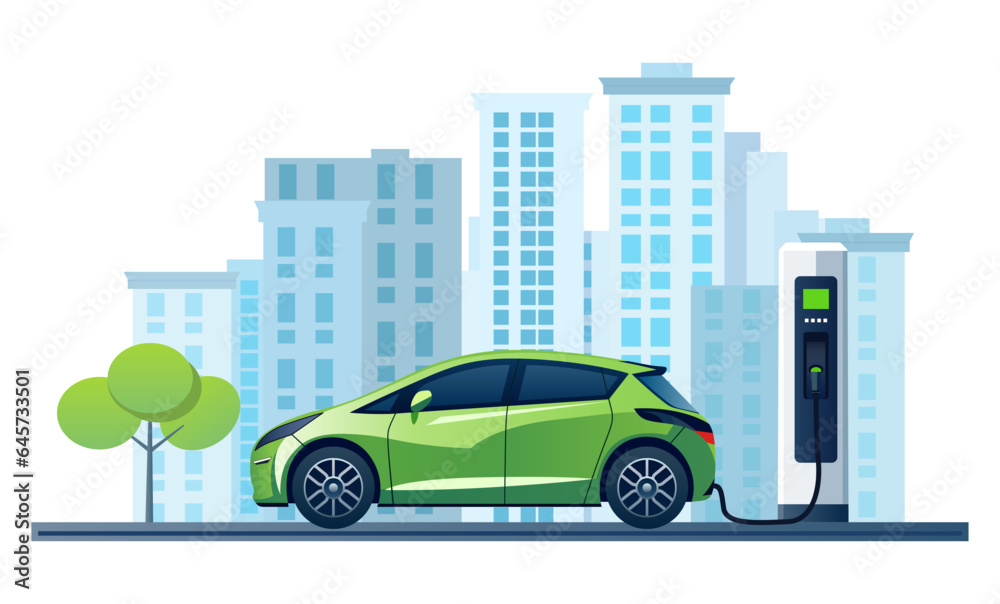 Electric EV car charging battery on the city. Concept of protecting the environment, loving the earth, Save for the world. Ready to apply to your design. Vector illustration. Electric EV car charging battery on the city. Concept of protecting the environment, loving the earth, Save for the world. Ready to apply to your design. Vector illustration.