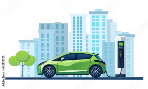 Fototapeta Naklejka Na Ścianę i Meble -  Electric EV car charging battery on the city. Concept of protecting the environment, loving the earth, Save for the world. Ready to apply to your design. Vector illustration.