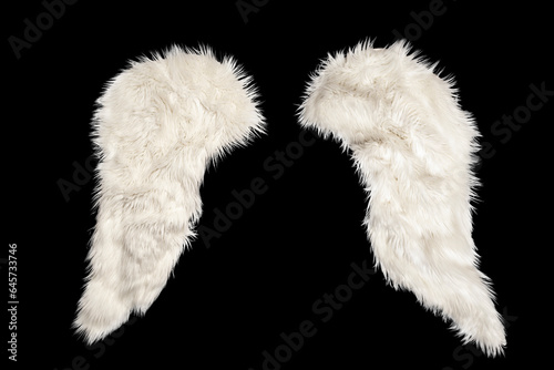 two white furry wings isolated on black background, festive mockup