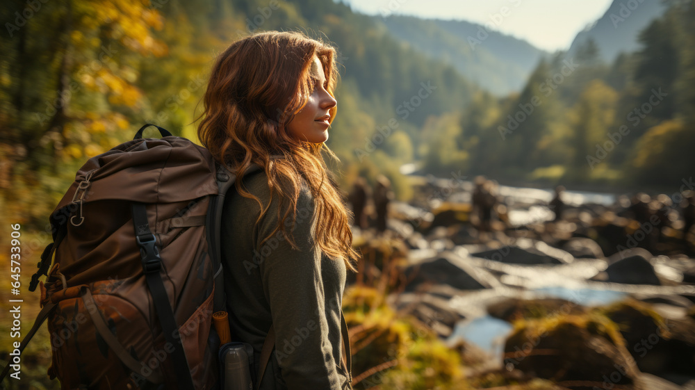 Naklejka premium Backpacker Camping Hiking Journey Travel Trek Concept .generative ai