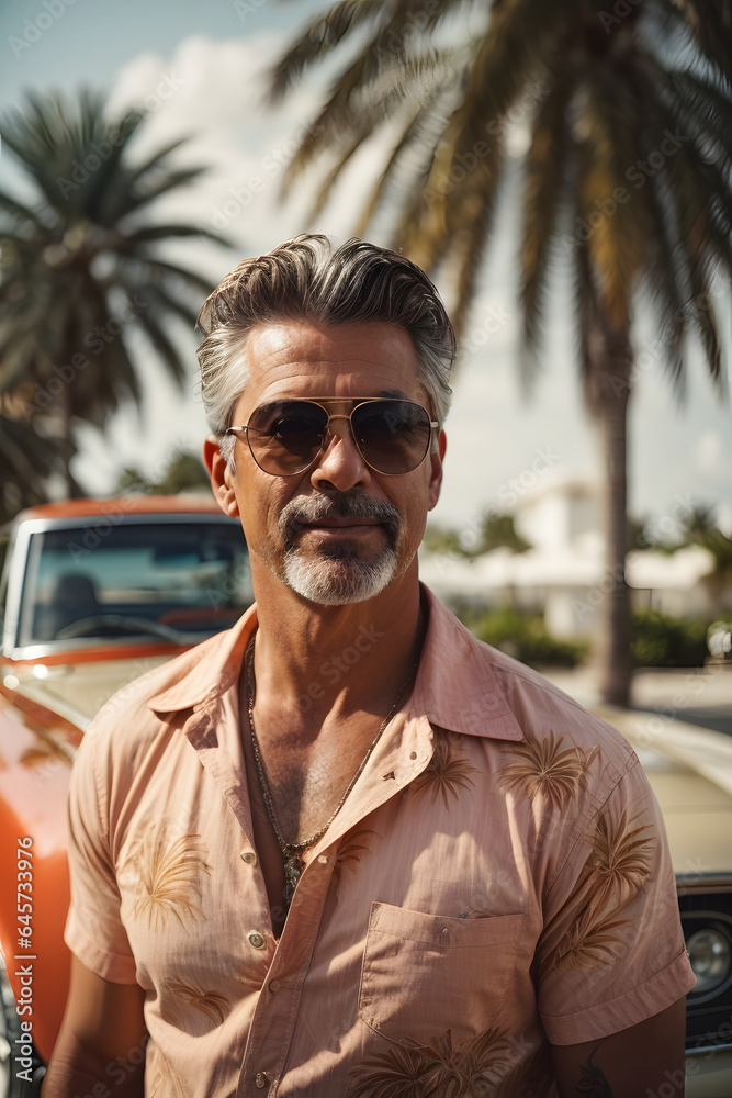 Fashion portrait of beauliful adult mid age man, Miami boy wearing sunglasses in summer. Image created using artificial intelligence. Fashion portrait of beauliful adult mid age man, Miami boy wearing sunglasses in summer. Image created using artificial intelligence.