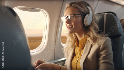 female passenger of airplane sitting in comfortable seat listening music in earphones while working at modern laptop computer.
