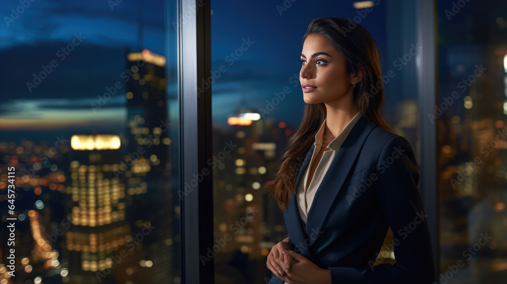Business woman standing in the office watching the modern city night view Business woman standing in the office watching the modern city night view
