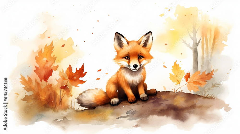 Obraz premium watercolor illustration children book style of a fox sitting on nature trail in autumn season. Beautiful illustration of a cute sweet fox. Perfect illustration for children, or school.