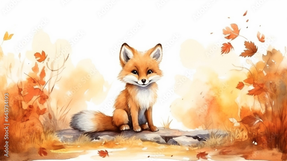Obraz premium watercolor illustration children book style of a fox sitting on nature trail in autumn season. Beautiful illustration of a cute sweet fox. Perfect illustration for children, or school.